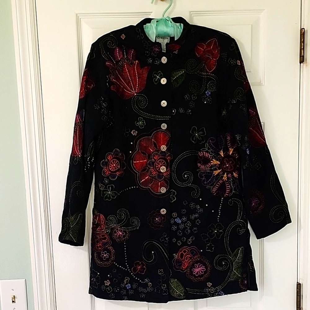 Chico's Elegant Silver Embroidered Black Cotton Jaquard Jacket Size 0